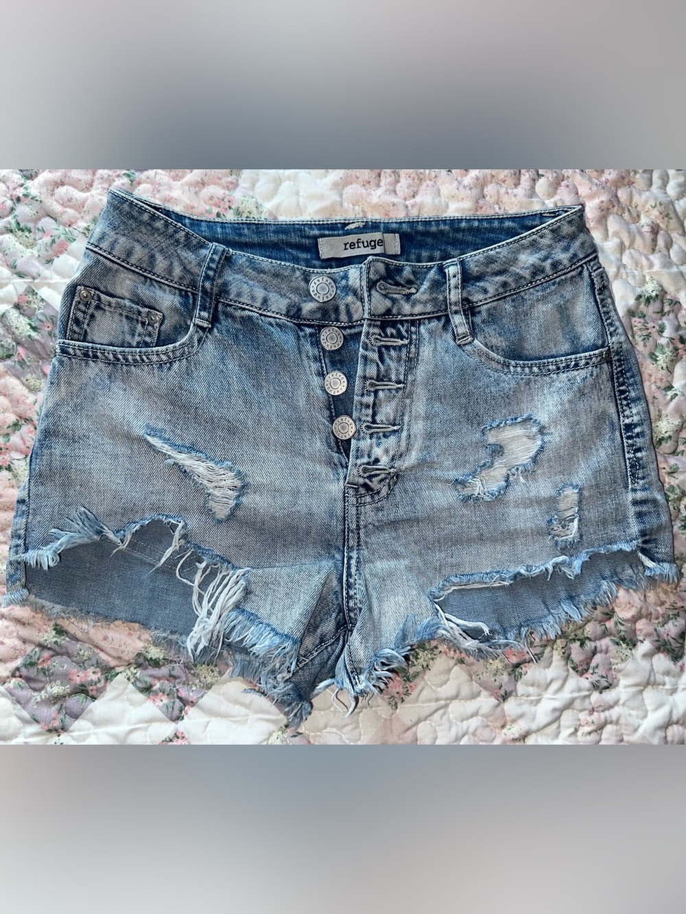 Refuge Light Blue Distressed Button Fly Cut Off Denim Jean Shorts